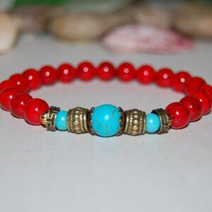 Red Howlite Bracelet,Turquoise and Howlite Beads,Red and Blue Bracelet